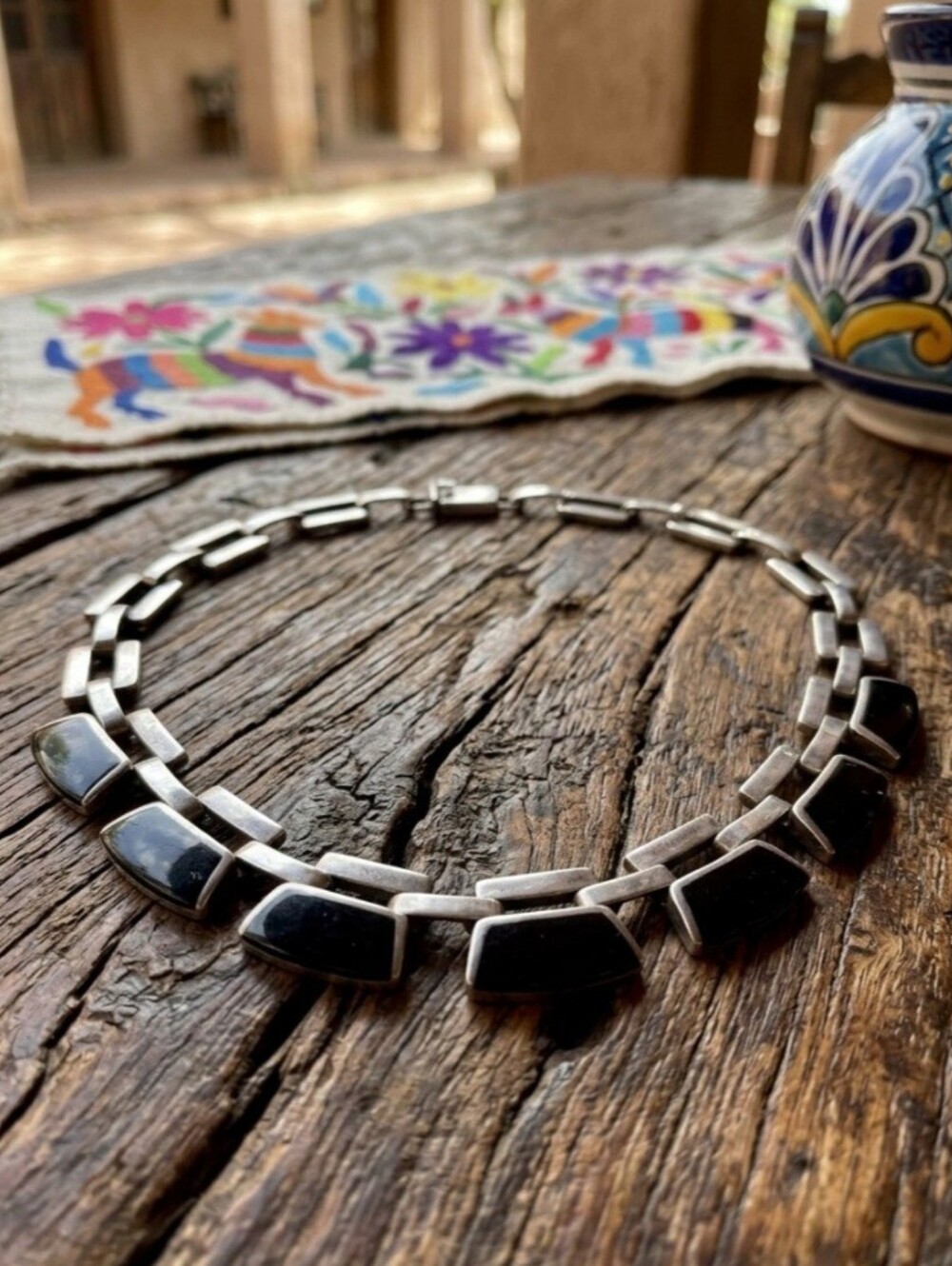 Sterling Silver Stamped 925 Choker Necklace W/ Black Onyx Inlay, Box - Picture 2 of 6